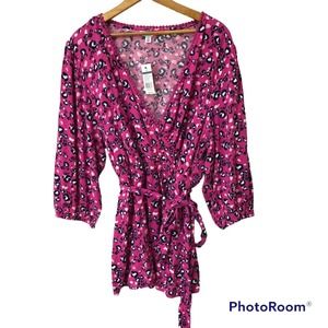 NWT Crown & Ivy Pink Blouse Size 2XL Leopard Print Tie Waist 3/4 Sleeve